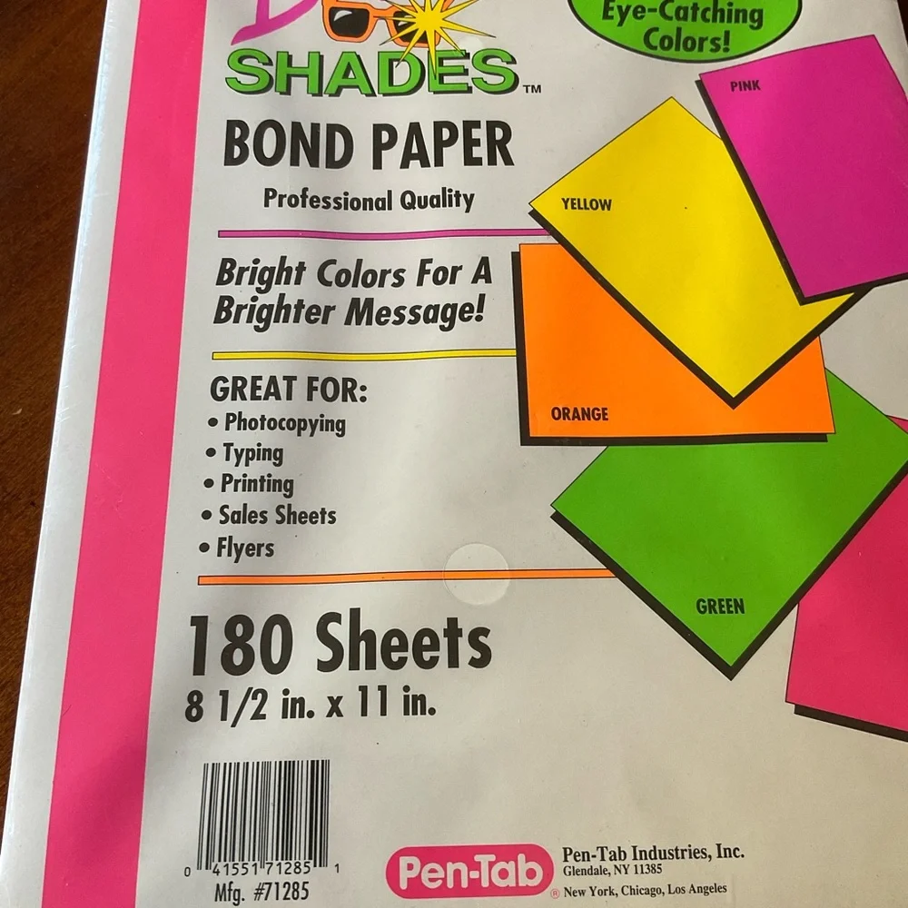 Printing, copy paper, Bright colors, Pen-Tab brand, 180 sheets, 8 1/2” x 11” USA